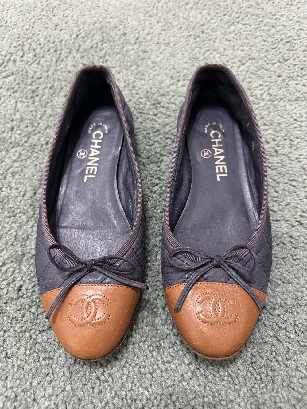 Chanel Quilted Cap Toe Ballet Flats Blue / Brown size 36.5